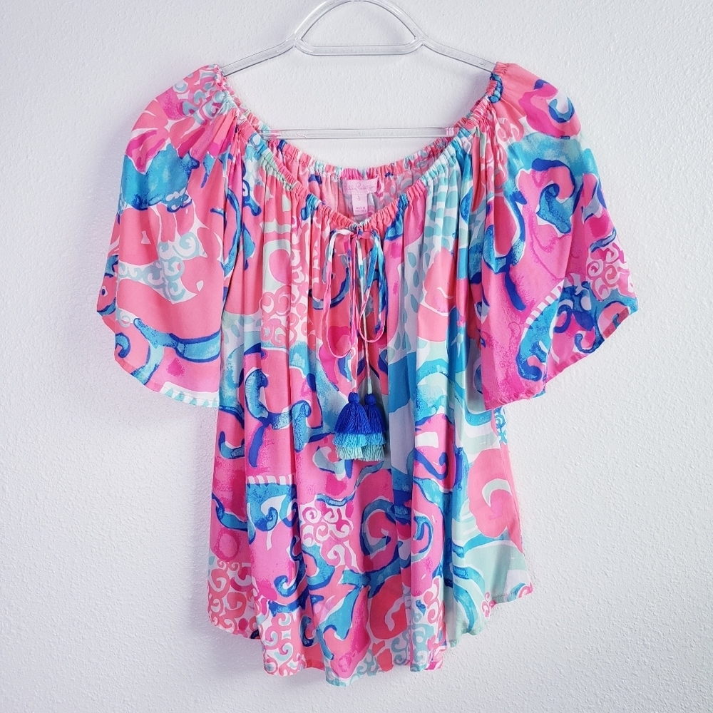 Lilly Pulitzer Sain Off The Sholder Top In Coral Reef I'm So Jelly - Picture 2 of 8